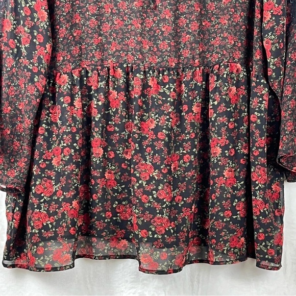 Torrid Black Floral Red Roses Sheer Tie Front Blouse Size 2 - Picture 6 of 12